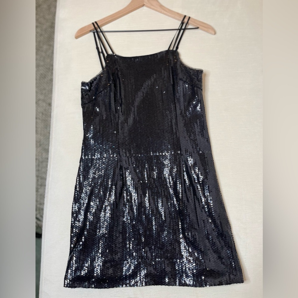 Haney Black Sequin Mini Dress Strappy Cocktail Party Holiday Glam LBD